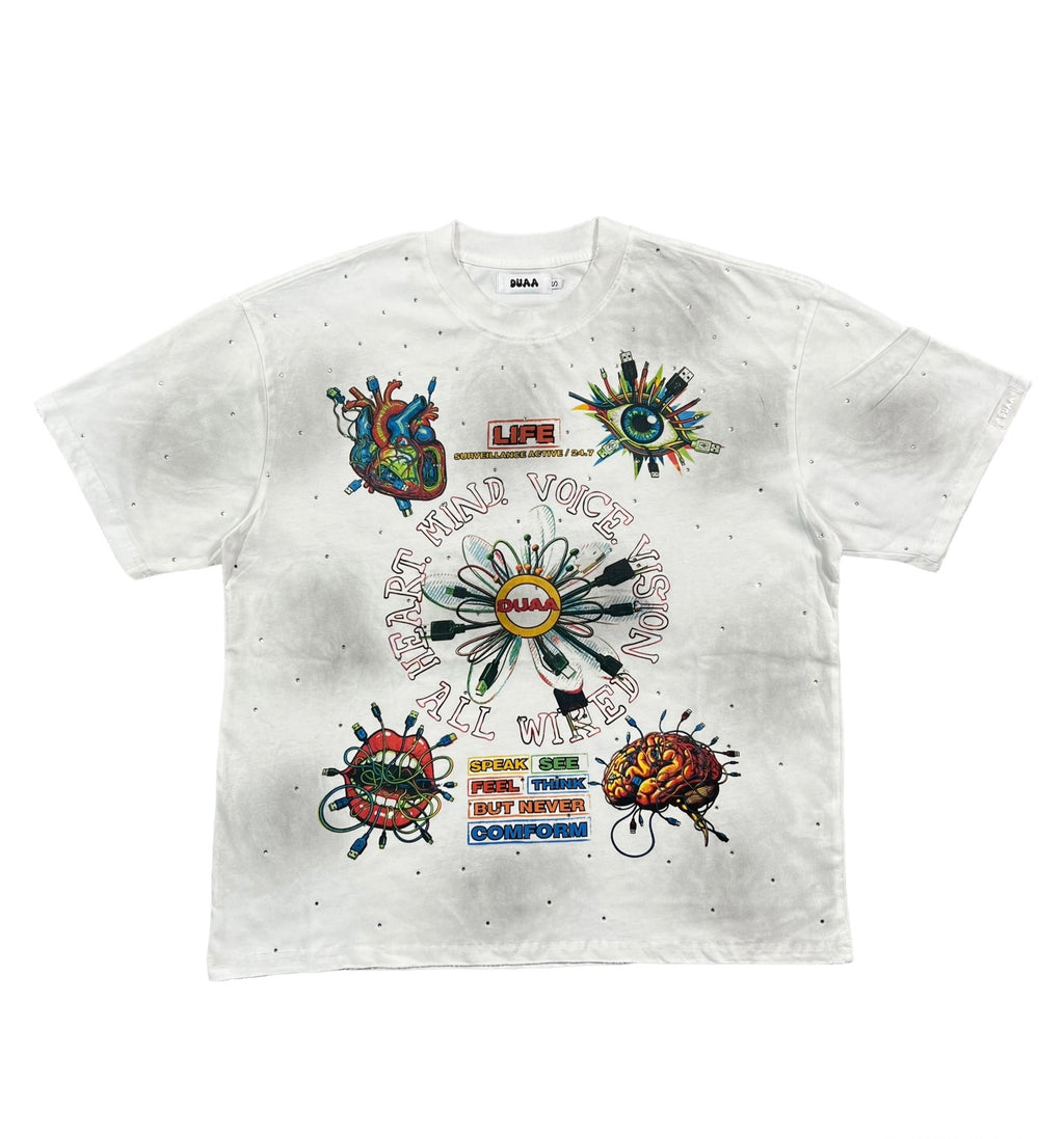 Camiseta Oversize Gráfica 'All Wired' con Detalle de Pedrería - Edición Streetwear
