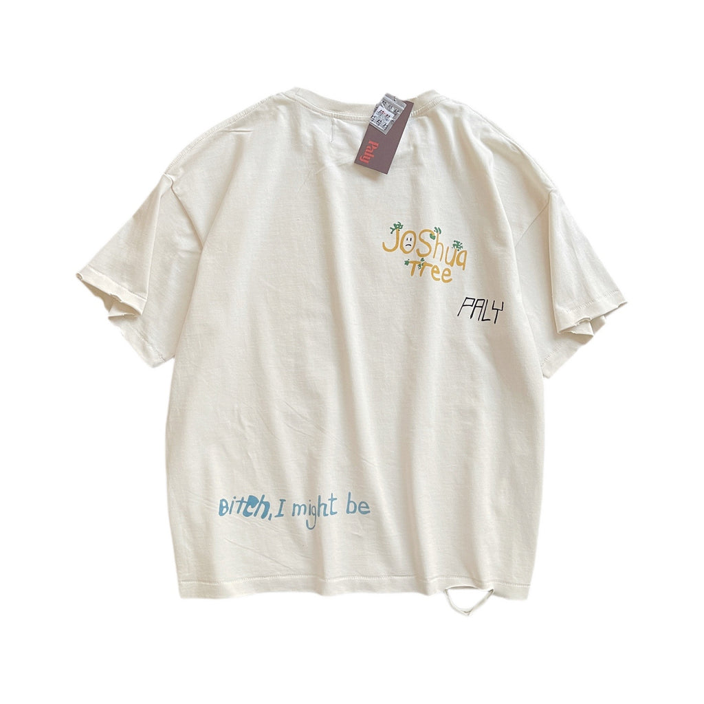 Camiseta gráfica crema con desgastes / Camiseta estilo retro con frases y dibujos