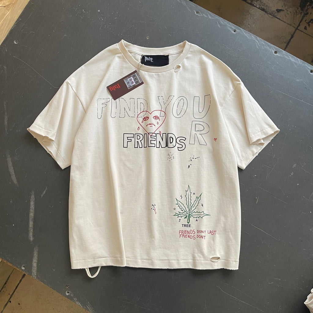 Camiseta gráfica crema con desgastes / Camiseta estilo retro con frases y dibujos