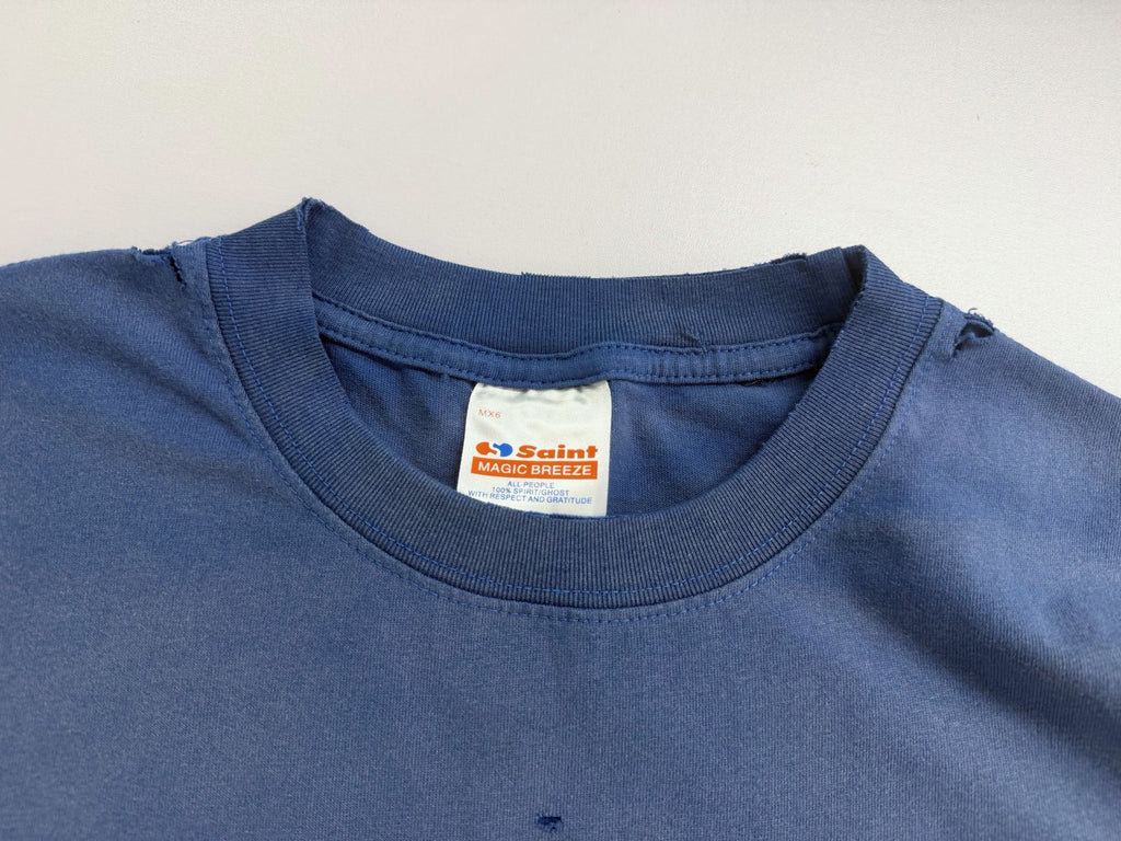 Camiseta gráfica azul desgastada / Camiseta estilo vintage con impresión "Reality School"