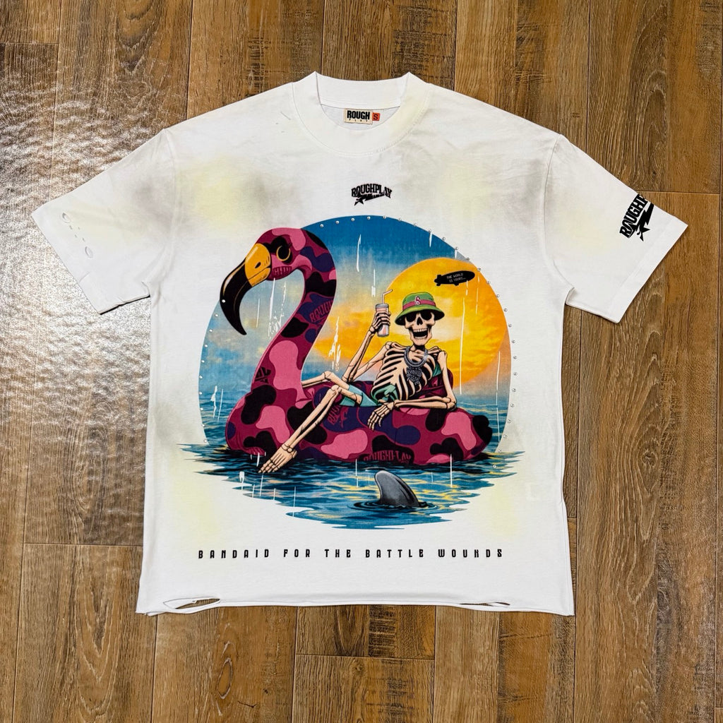 RoughPlay "Battle Wounds" Flamingo Skeleton Cut-Off Tee