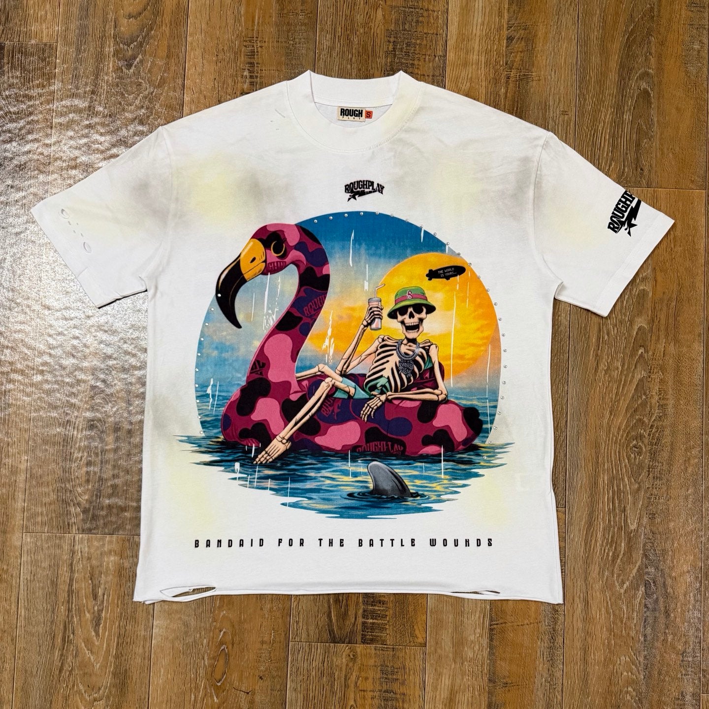 RoughPlay "Battle Wounds" Flamingo Skeleton Cut-Off Tee