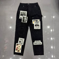 Pantalones vaqueros rectos con parches impresos "Mixed Emotion" / Estilo periódico vintage