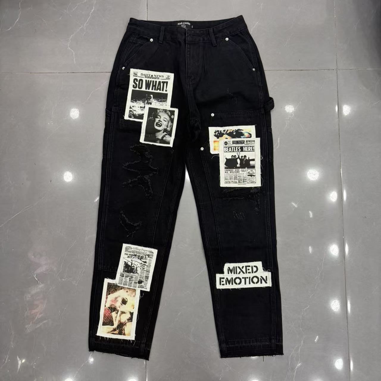 Pantalones vaqueros rectos con parches impresos "Mixed Emotion" / Estilo periódico vintage