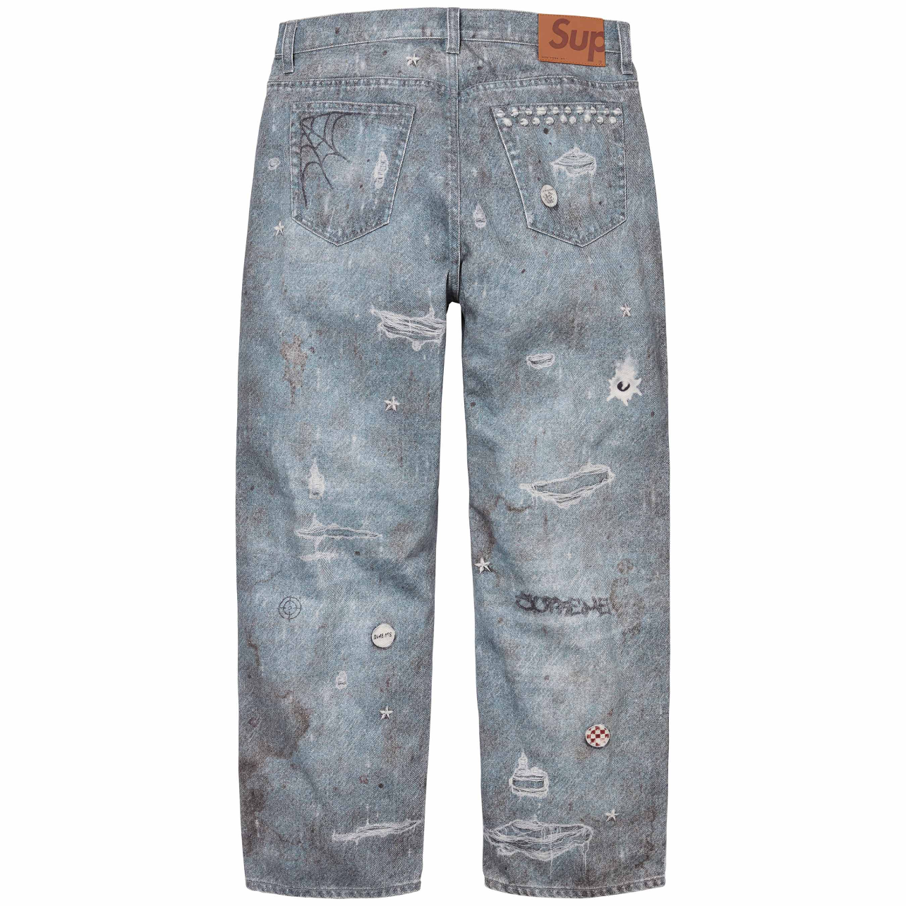 Jeans Supreme – Lavado Desgastado con Gráficos y Parches