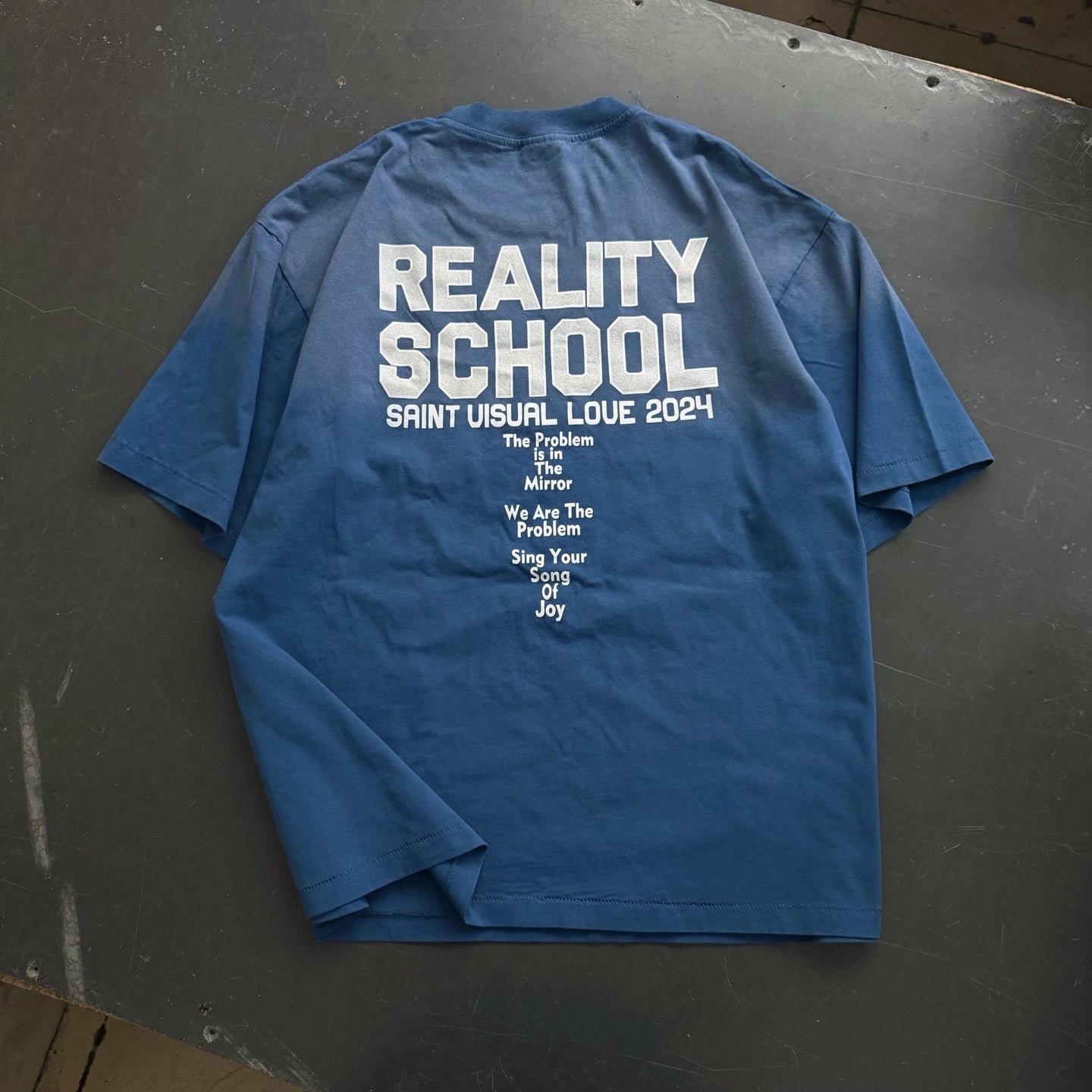 Camiseta gráfica azul desgastada / Camiseta estilo vintage con impresión "Reality School"