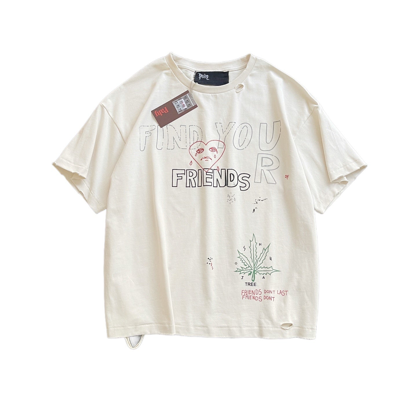 Camiseta gráfica crema con desgastes / Camiseta estilo retro con frases y dibujos