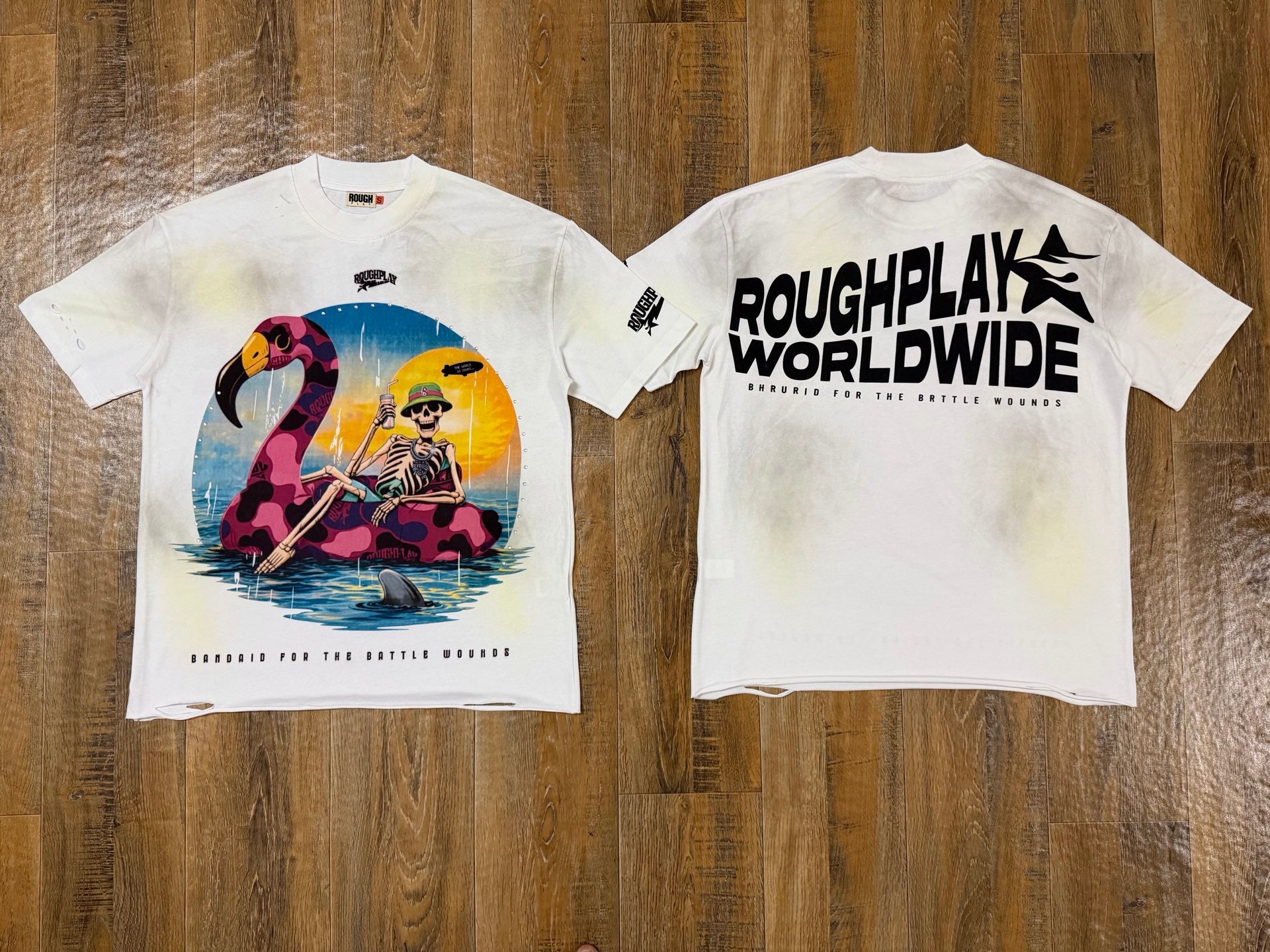 RoughPlay "Battle Wounds" Flamingo Skeleton Cut-Off Tee