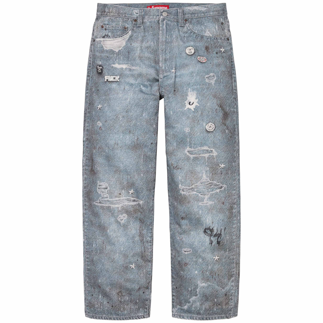 Jeans Supreme – Lavado Desgastado con Gráficos y Parches