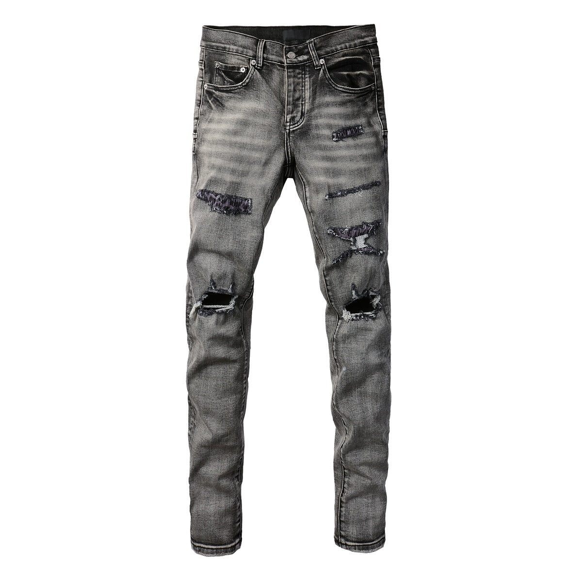 Jeans de mezclilla en tono gris lavado oscuro, acabado desgastado estilo vintage.