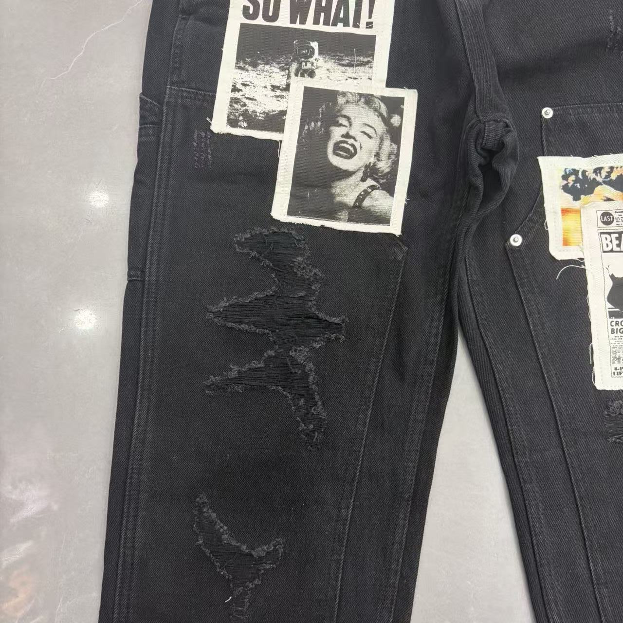 Pantalones vaqueros rectos con parches impresos "Mixed Emotion" / Estilo periódico vintage