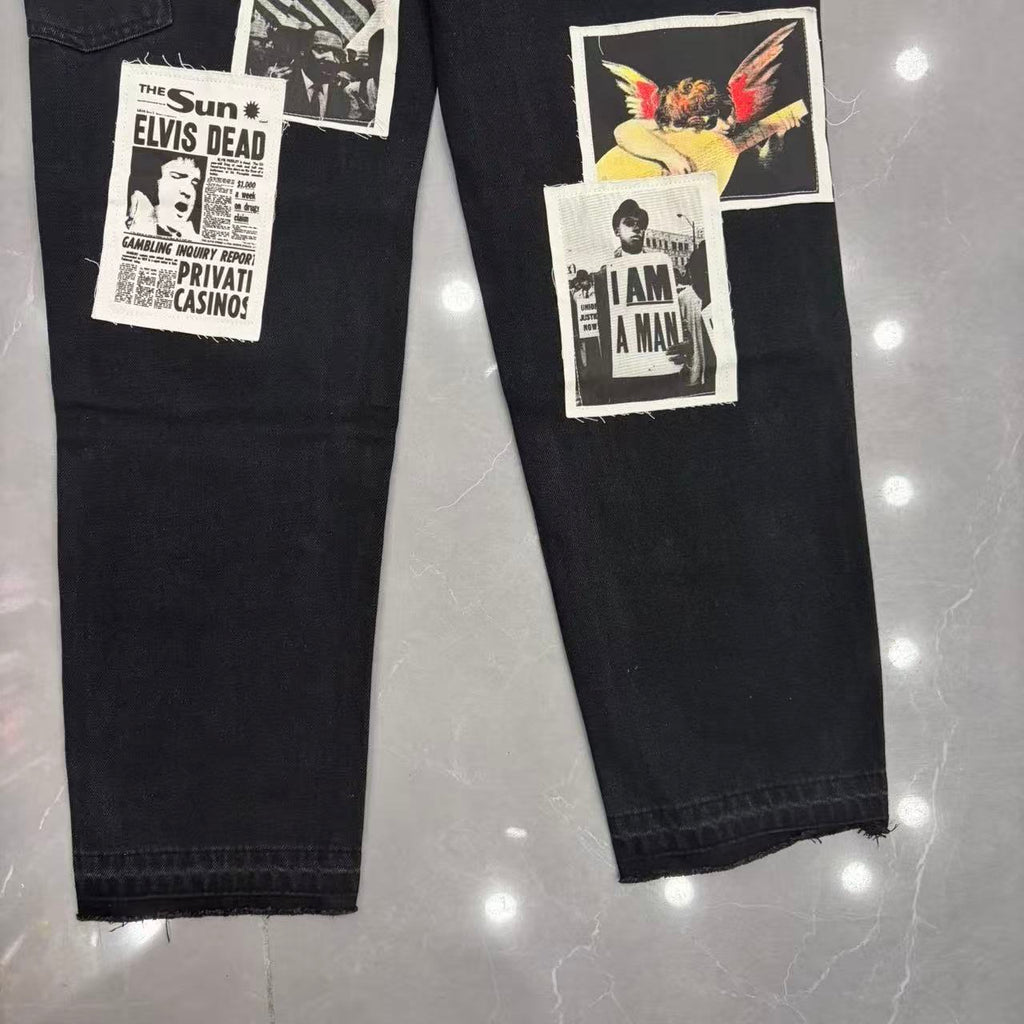 Pantalones vaqueros rectos con parches impresos "Mixed Emotion" / Estilo periódico vintage