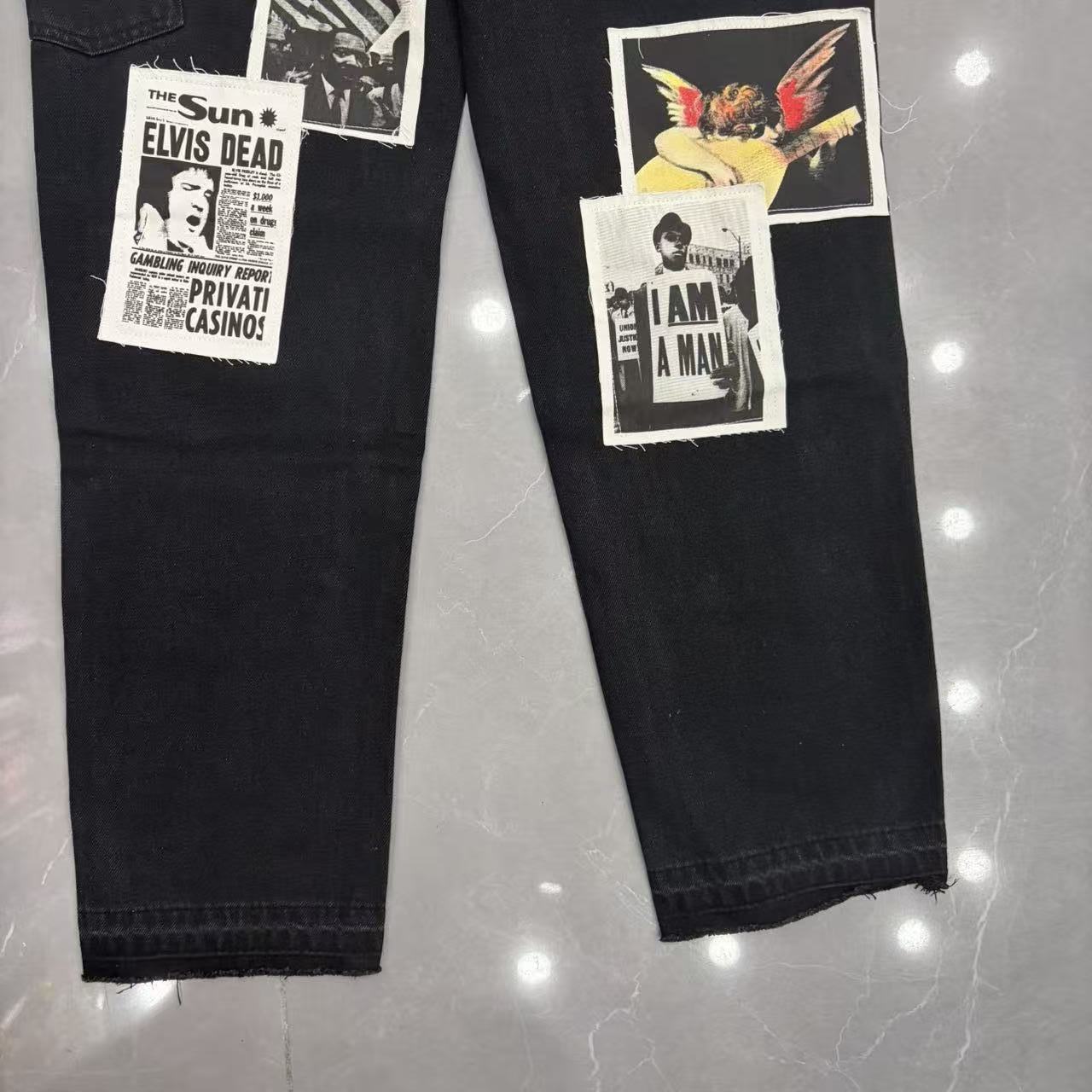 Pantalones vaqueros rectos con parches impresos "Mixed Emotion" / Estilo periódico vintage