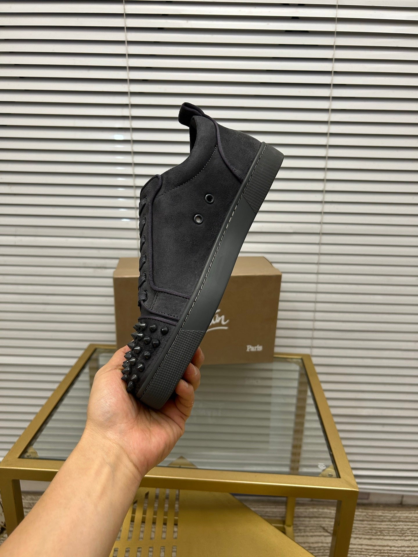 Christian Louboutin Louis Junior Spikes Orlato Flat Grey