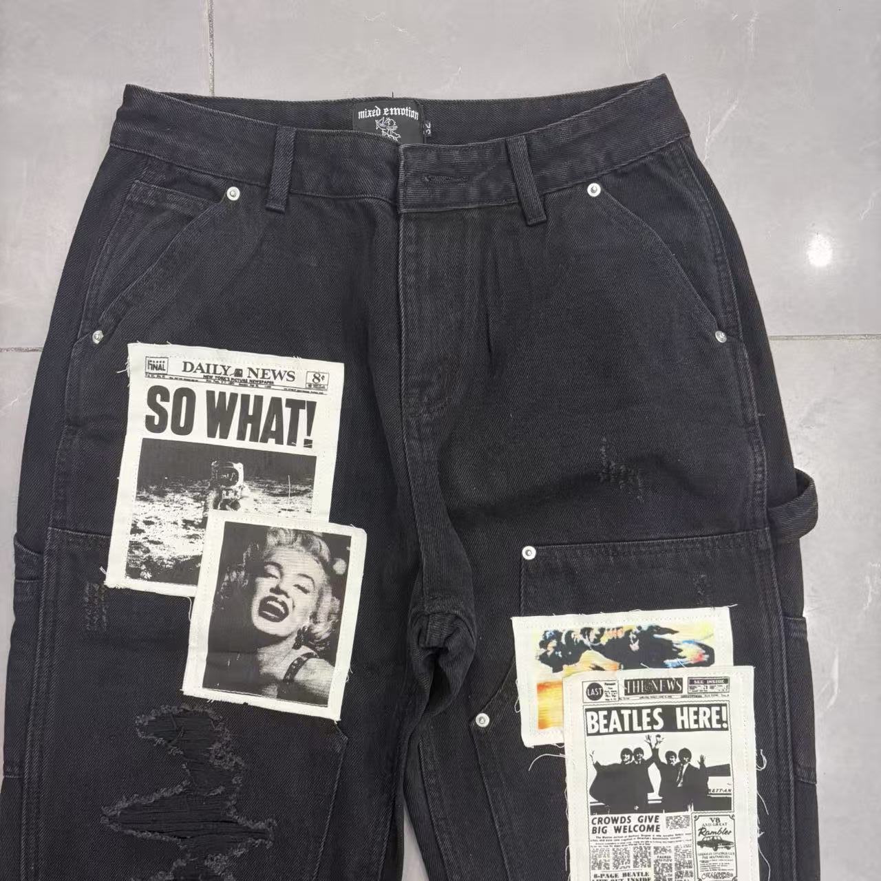 Pantalones vaqueros rectos con parches impresos "Mixed Emotion" / Estilo periódico vintage