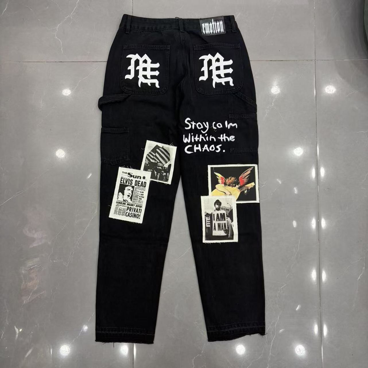 Pantalones vaqueros rectos con parches impresos "Mixed Emotion" / Estilo periódico vintage