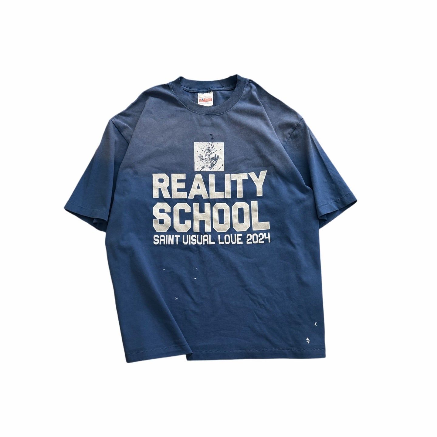 Camiseta gráfica azul desgastada / Camiseta estilo vintage con impresión "Reality School"