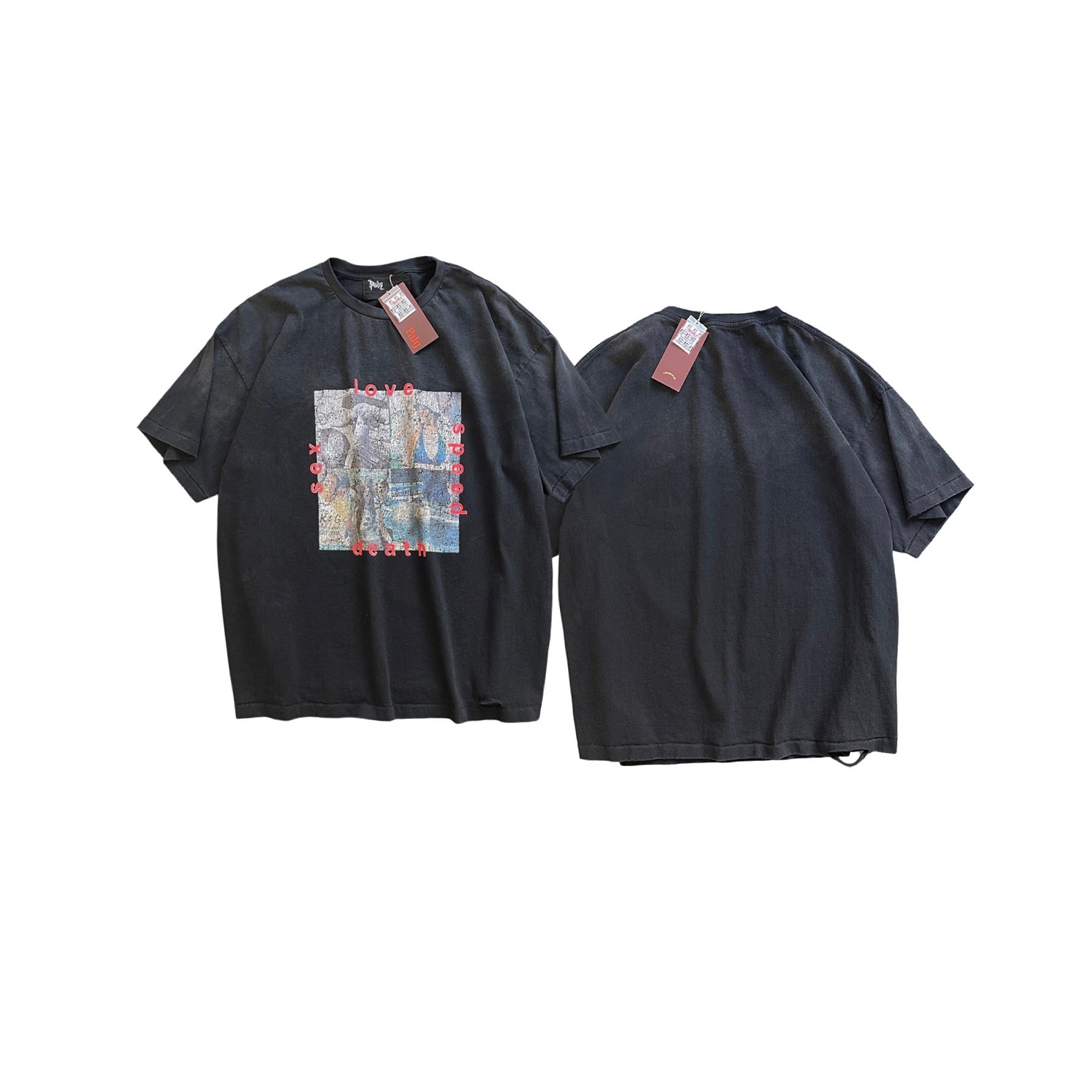 Camiseta gráfica negra desgastada / Camiseta estilo vintage con impresión artística