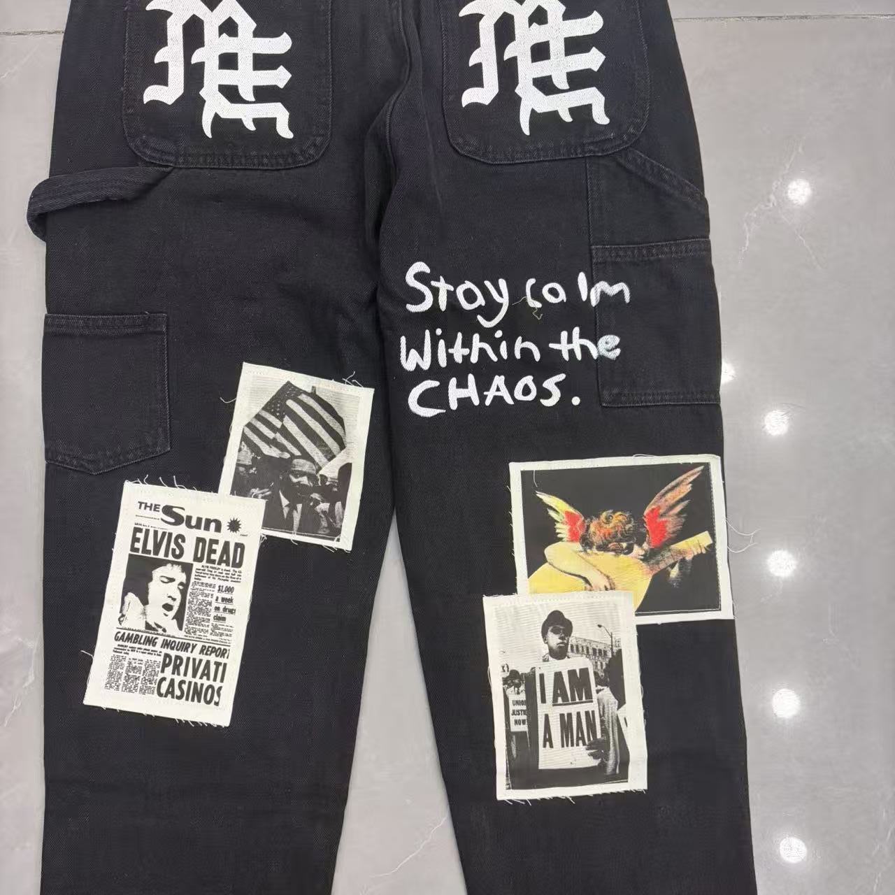 Pantalones vaqueros rectos con parches impresos "Mixed Emotion" / Estilo periódico vintage