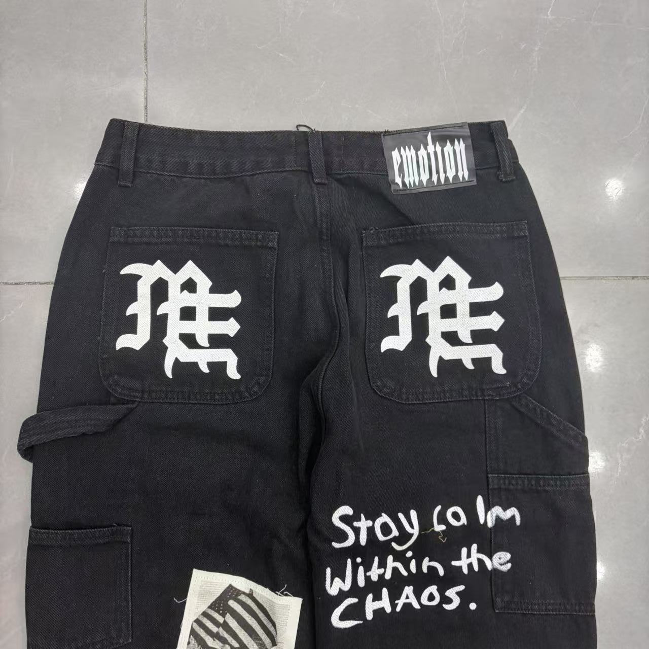 Pantalones vaqueros rectos con parches impresos "Mixed Emotion" / Estilo periódico vintage
