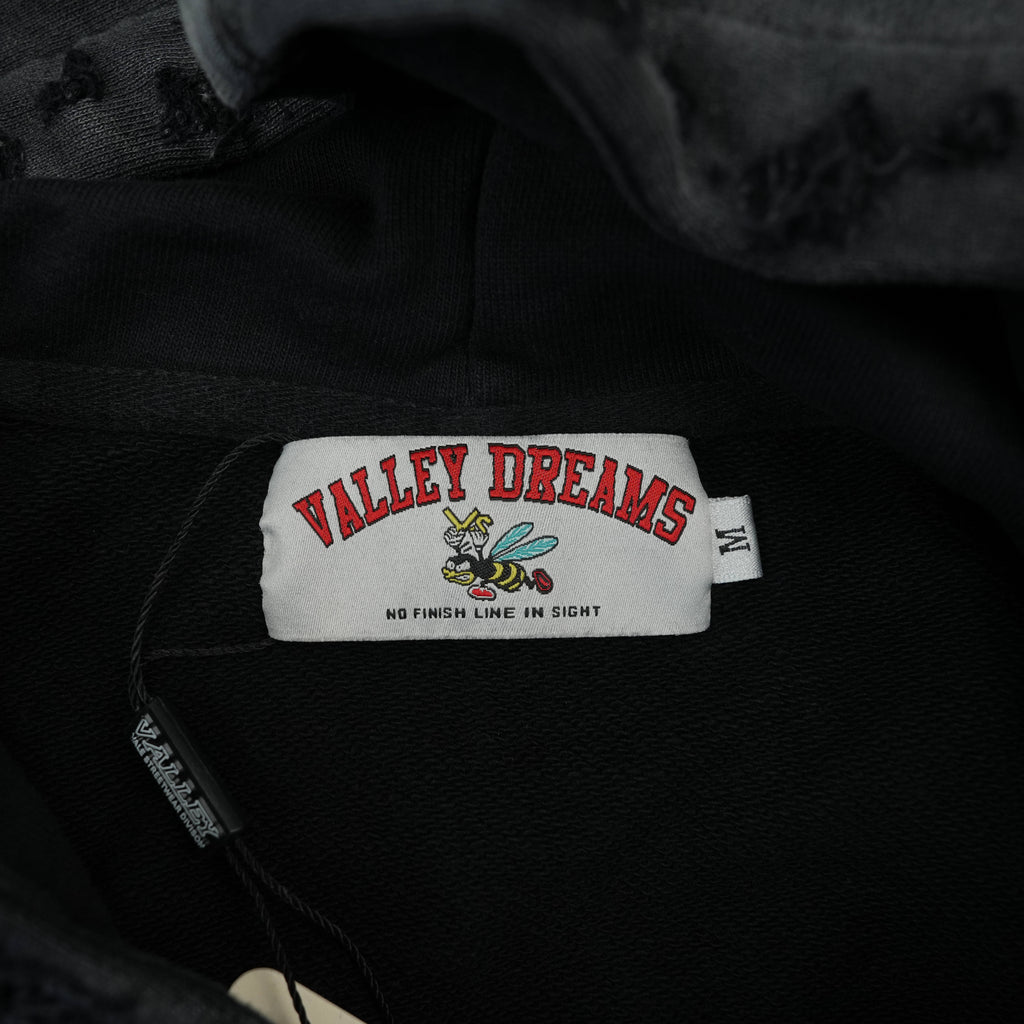 Sudadera con Capucha Negra Lavado Desgastado "Valley Dreams Forever"